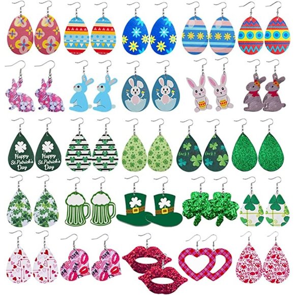 25 Pairs St Patrick\'s Day Easter Faux Leather Earrings Bulk for Women Te… main image 7